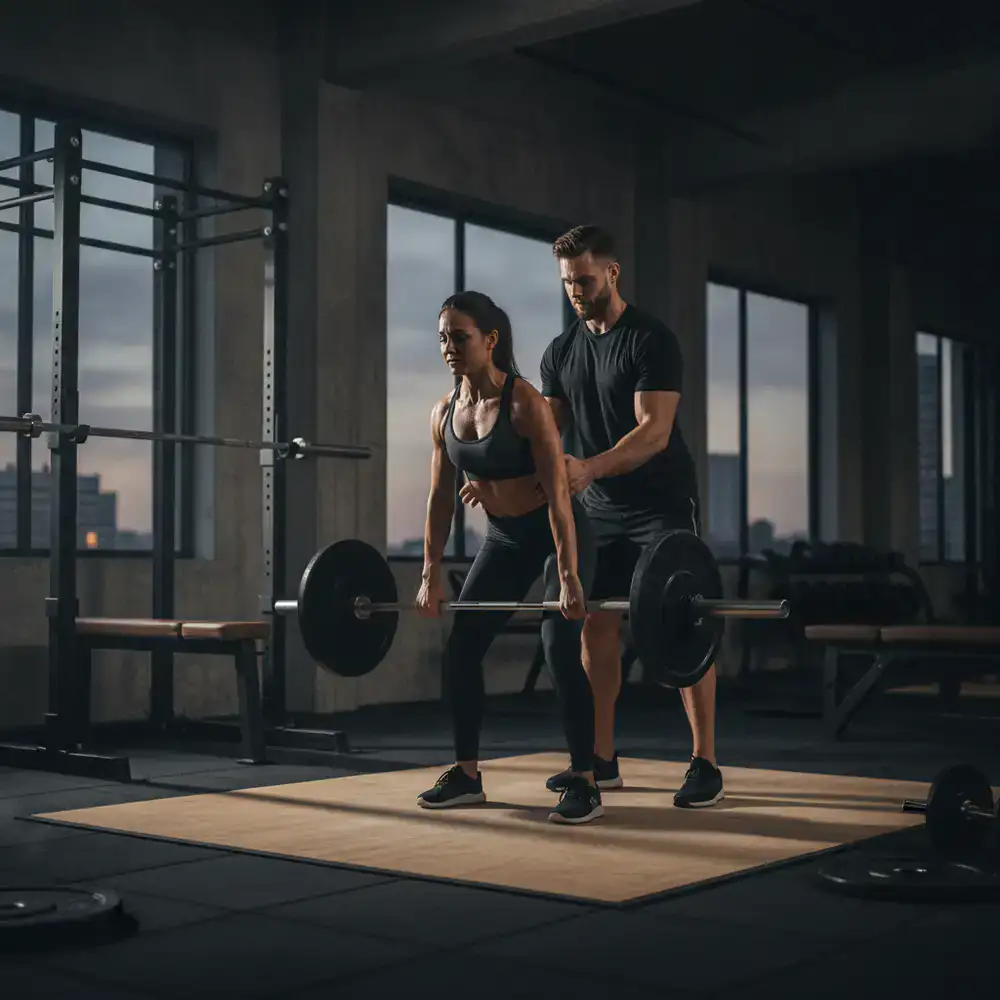A trainer spotting a client during a heavy lift in a modern gym setting