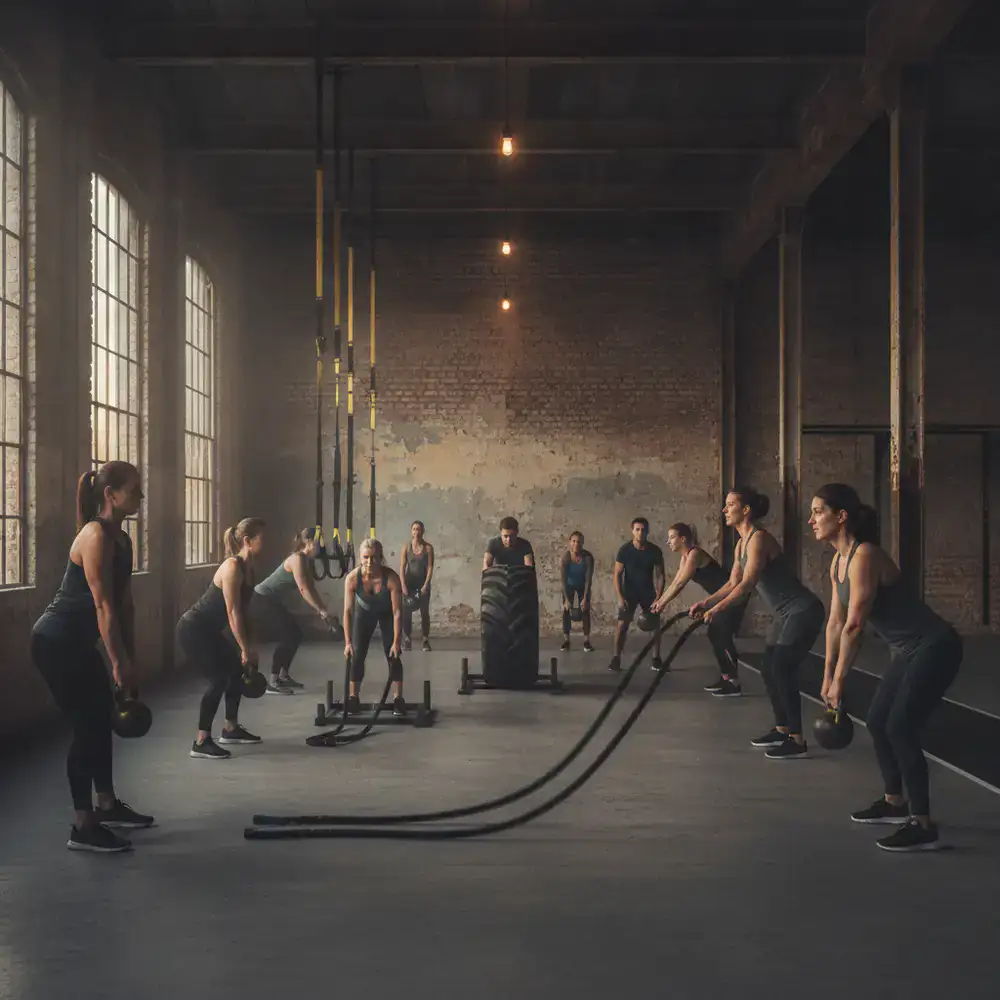 Group functional fitness class in session