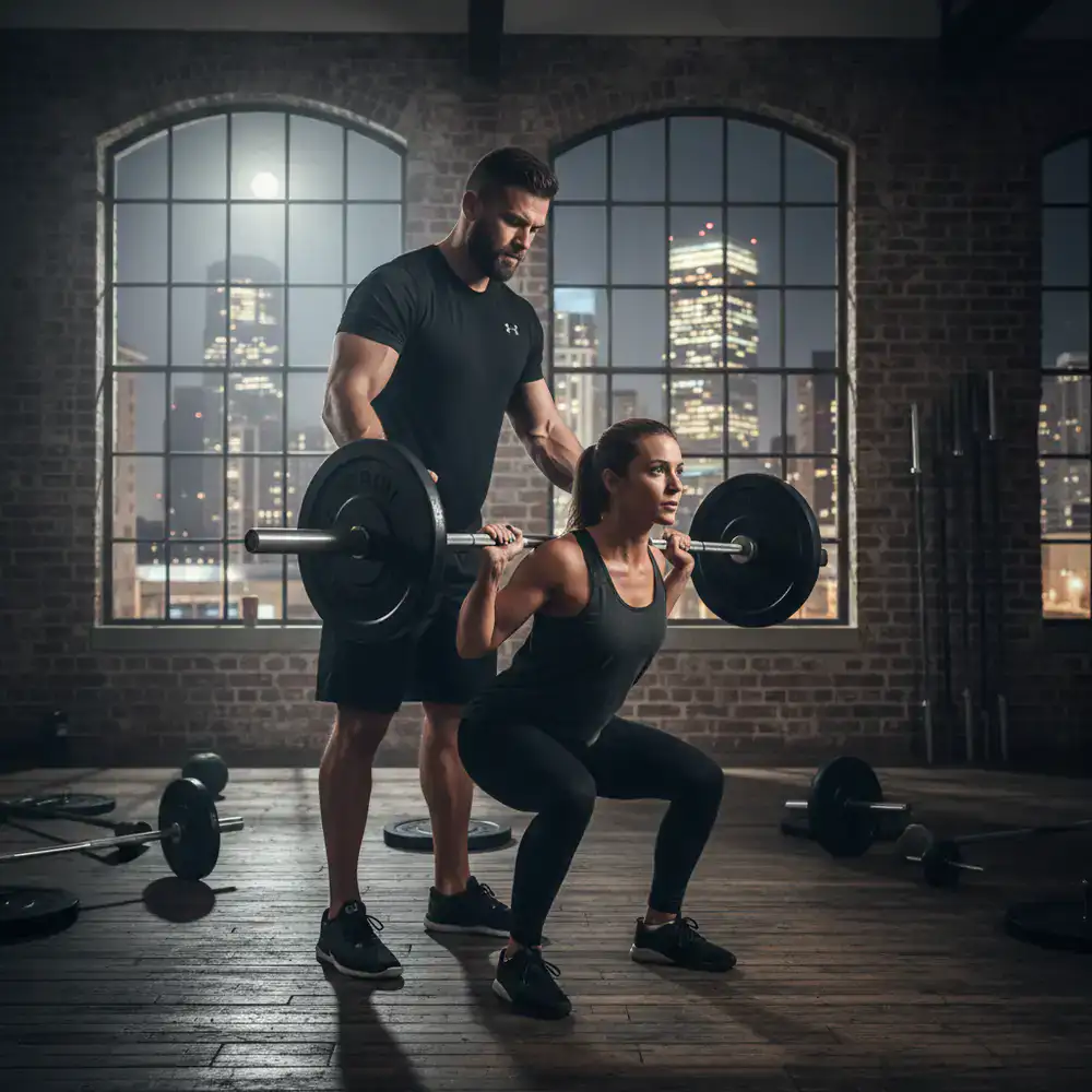 Personal trainer assisting a member with weights