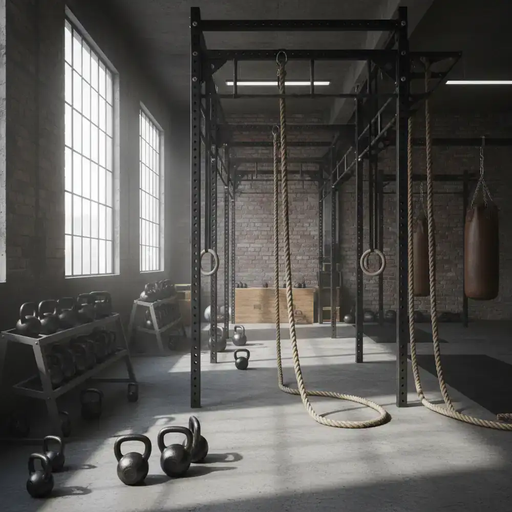 Functional fitness gym space with kettlebells and ropes